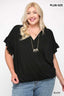 Solid Viscose Knit Surplice Top With Ruffle Sleeve-Black