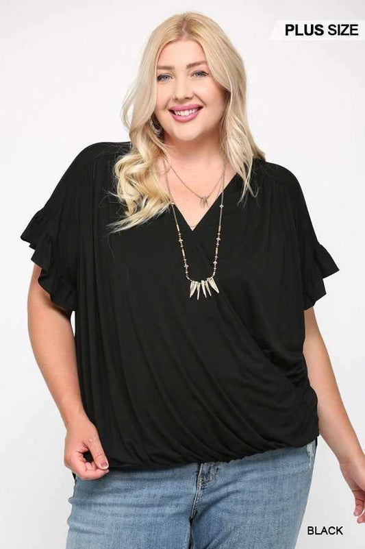 Solid Viscose Knit Surplice Top With Ruffle Sleeve-Black