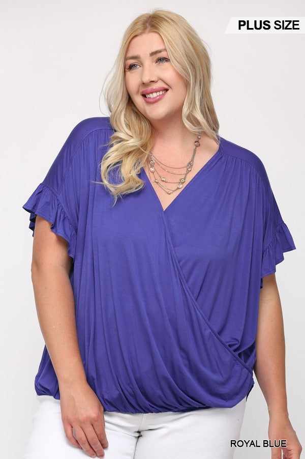 Solid Viscose Knit Surplice Top With Ruffle Sleeve-Royal Blue