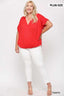 Solid Viscose Knit Surplice Top With Ruffle Sleeve-Tomato