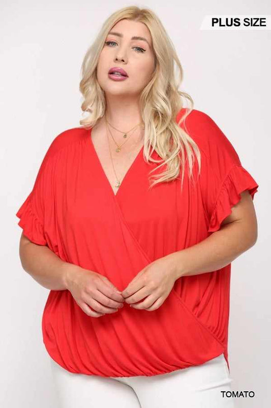 Solid Viscose Knit Surplice Top With Ruffle Sleeve-Tomato