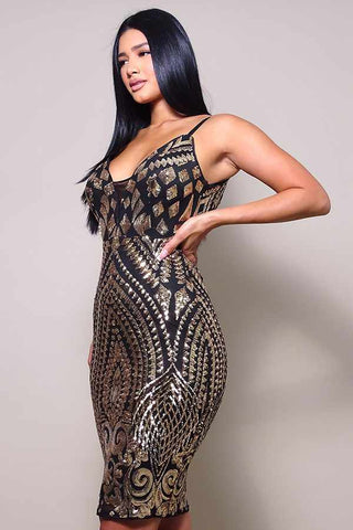 Spaghetti Strap Holiday Sequins Plunge Mini Dress-Black