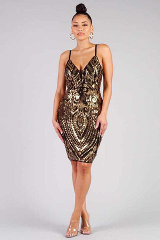 Spaghetti Strap Holiday Sequins Plunge Mini Dress-Black
