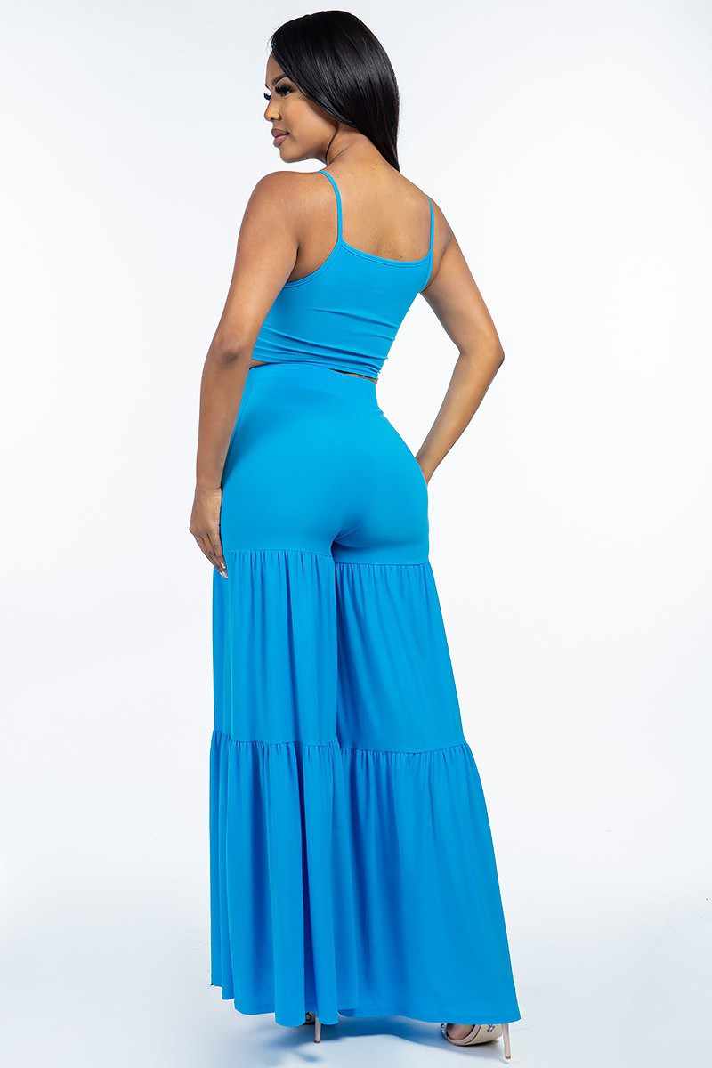 Spaghetti Strap Tank Top And Wide Leg Pants-Aqua