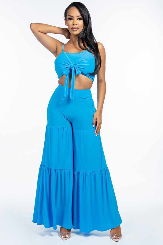 Spaghetti Strap Tank Top And Wide Leg Pants-Aqua