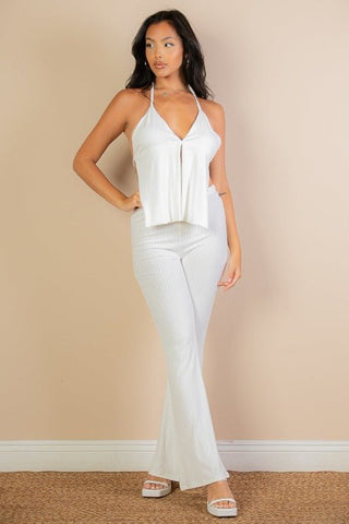 Split Front Backless Halter Top & Flare Pants Set | Evening Wear