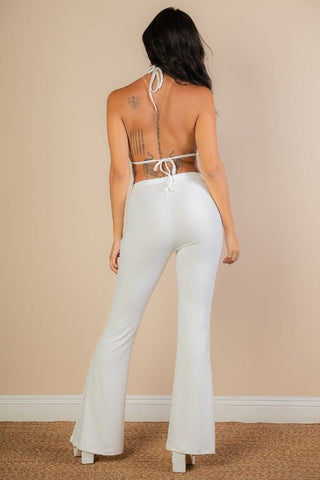 Split Front Backless Halter Top & Flare Pants Set | Evening Wear