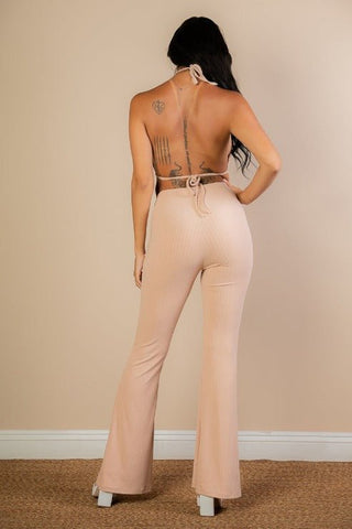 Split Front Backless Halter Top & Flare Pants Set | Evening Wear