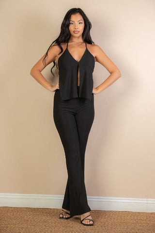 Split Front Backless Halter Top & Flare Pants Set | Evening Wear