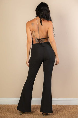 Split Front Backless Halter Top & Flare Pants Set | Evening Wear