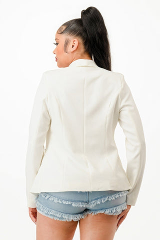 Woman wearing Spring Me Double Breasted Blazer Jacket in white, showcasing back detail and classic lapel collar.
