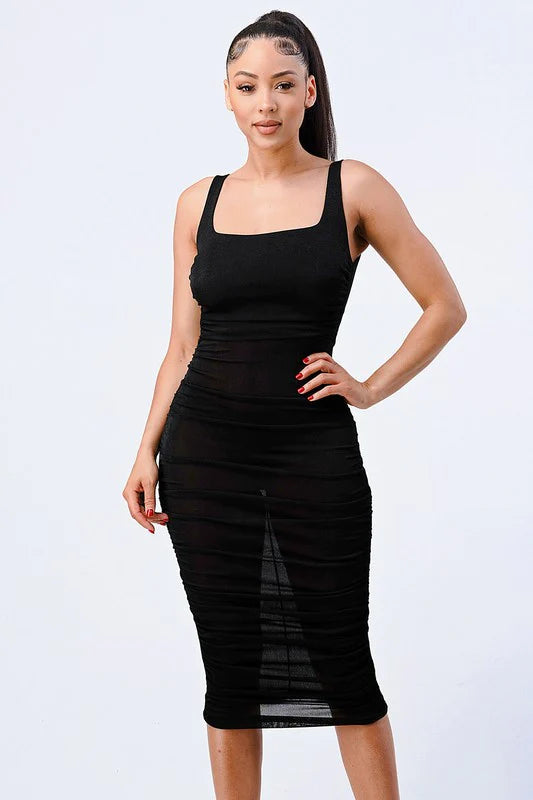 SQUARE NECK BODYCON MIDI DRESS-Black