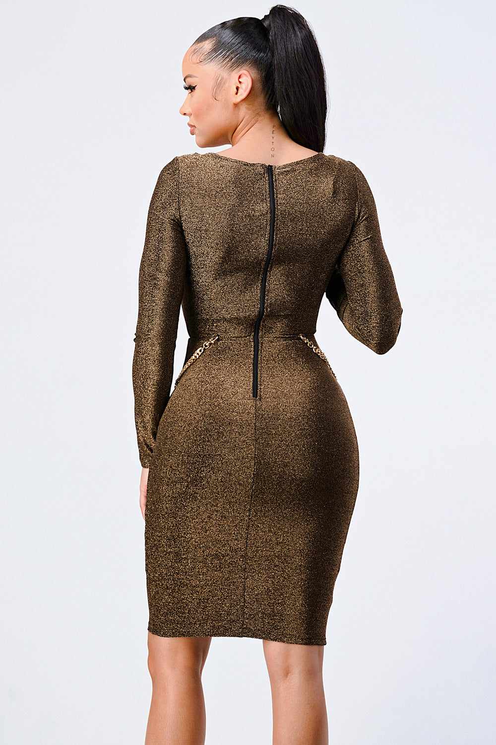 Square Neck Glitter Bodycon Dress-Brown