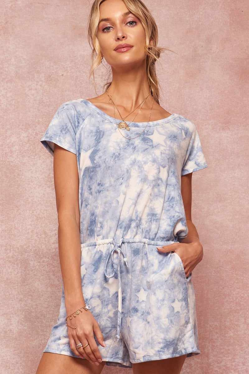 Star-pattern Tie-dye Knit Romper-Blue