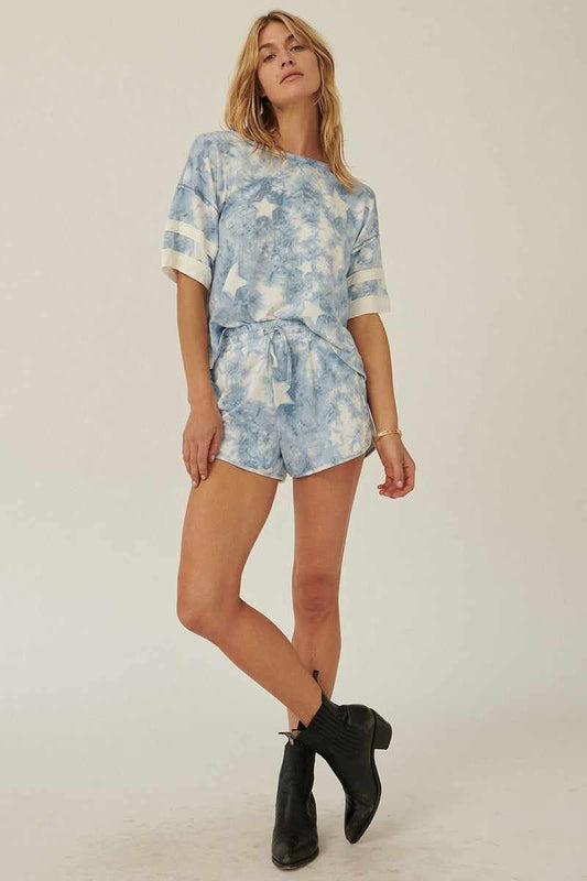 Star-pattern Tie-dye Knit Top-Blue