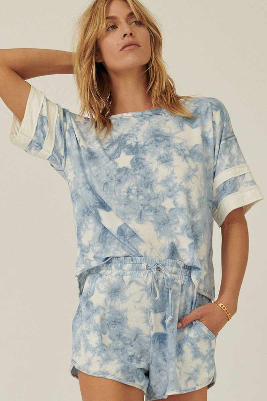 Star-pattern Tie-dye Knit Top-Blue