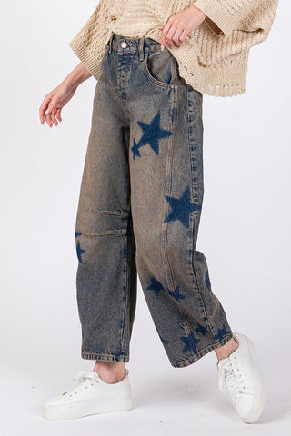 Star wide leg jeans with pockets, slightly stretchy 100% cotton, featuring star pattern and casual style.