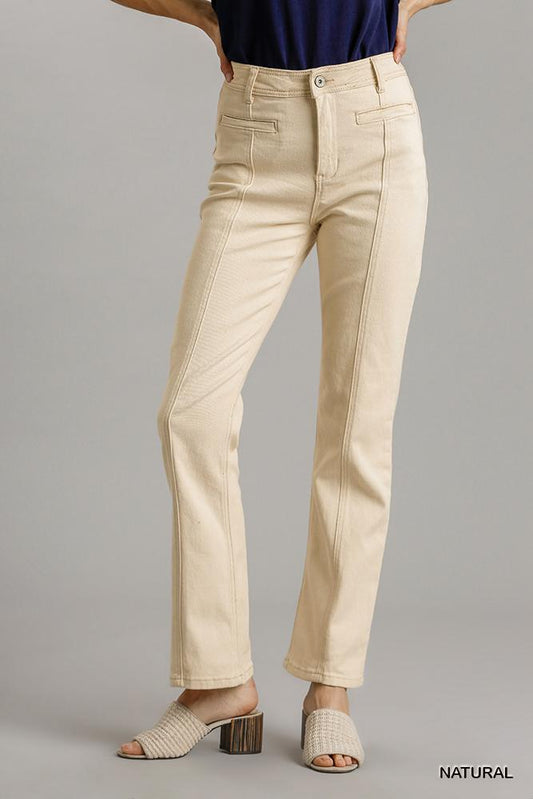 Natural straight cut denim jeans with pockets, featuring a stylish panel design in beige, made of 75% cotton, 23% polyester, 2% spandex.