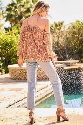 Strap Halter Neck Balloon Sleeve Floral Print Top-Terracotta
