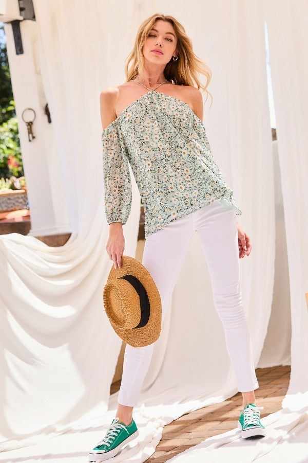 Strap Halter Neck Balloon Sleeve Floral Print Top-Sea Foam