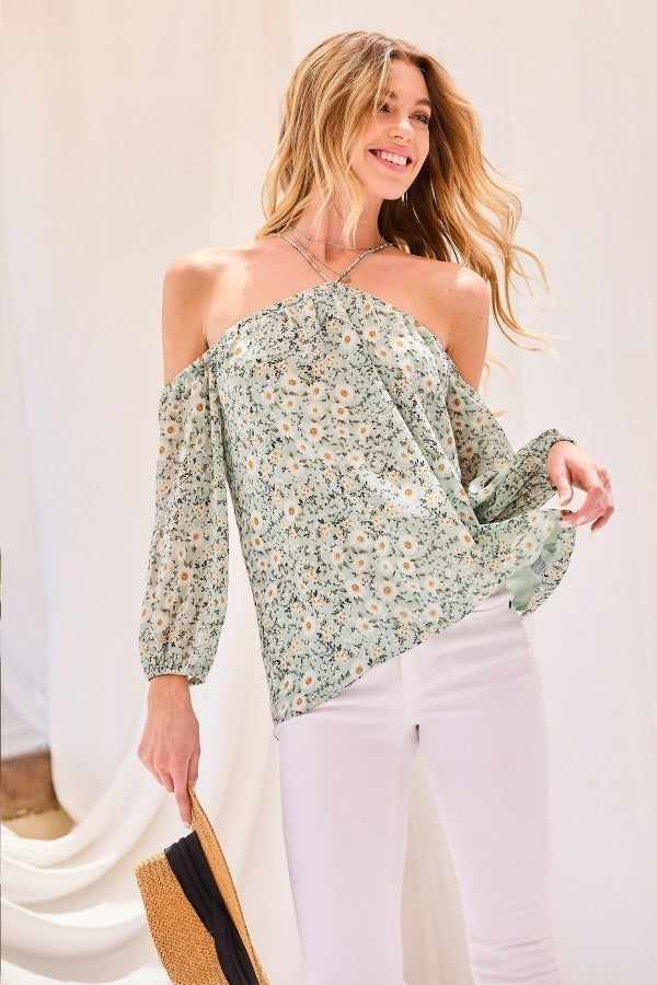 Strap Halter Neck Balloon Sleeve Floral Print Top-Sea Foam