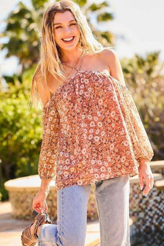 Strap Halter Neck Balloon Sleeve Floral Print Top-Terracotta