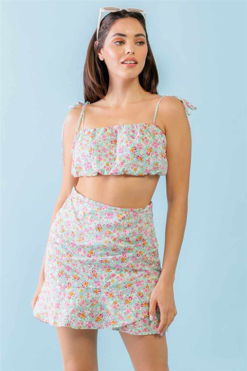 Strappy Crop Top & High Waist Mini Skirt Set-Mint