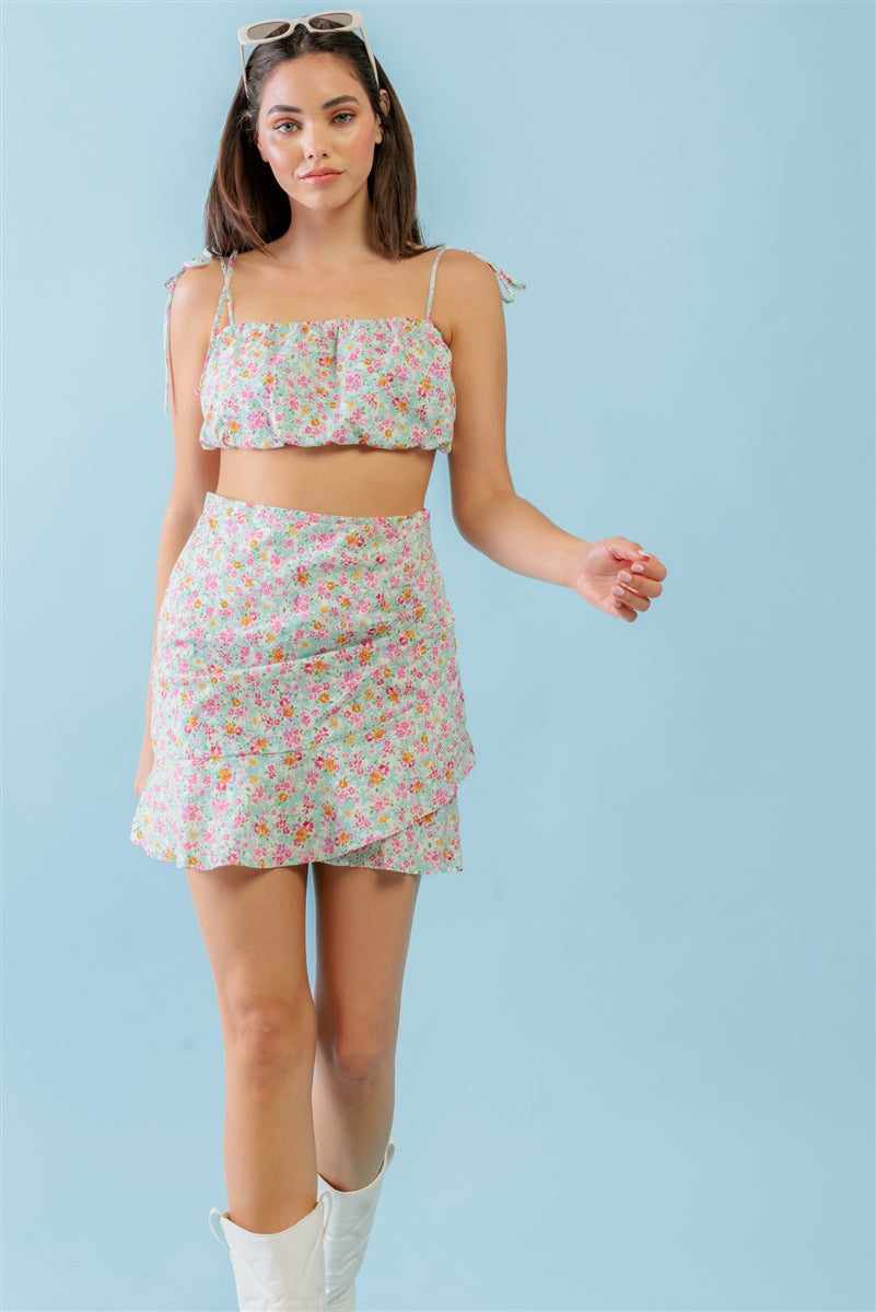 Strappy floral crop top and high waist mini skirt set in mint fuchsia print, sleeveless with self-tie straps, girlish and trendy outfit.