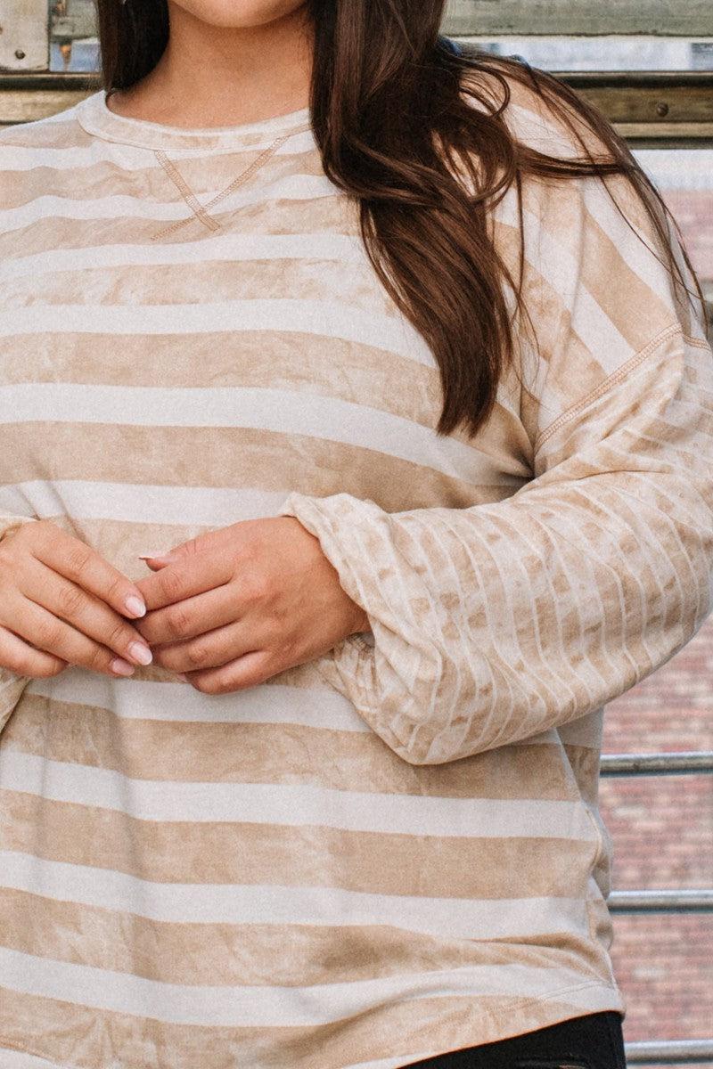 Plus size stripe printed taupe French terry top with round neckline and contrast long sleeves in beige and white.