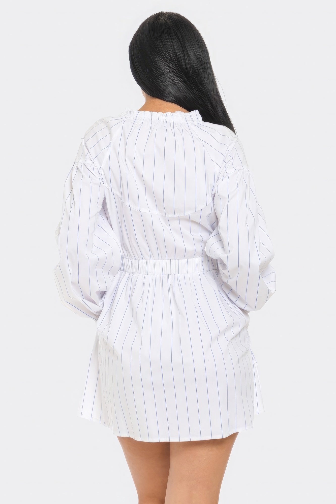 Woman wearing striped mini dress with long sleeves, classic white and blue color, showcasing fit and flare silhouette from the back.