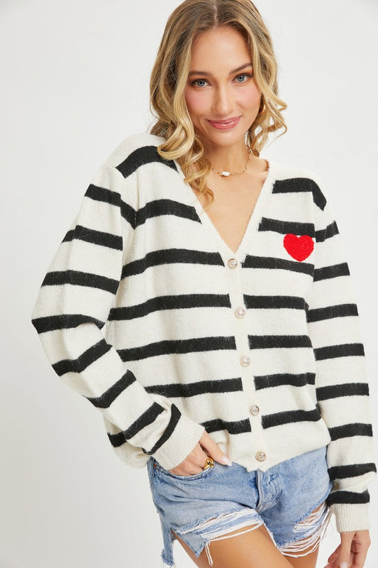 Striped Oatmeal and Black Cardigan With Heart Patch