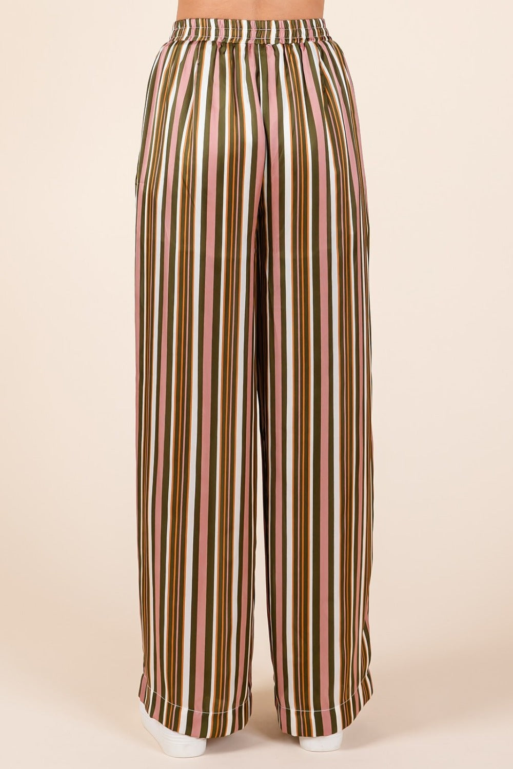 Striped satin wide leg pants with elastic waist and pockets, 100% polyester, stylish and comfortable fashion.