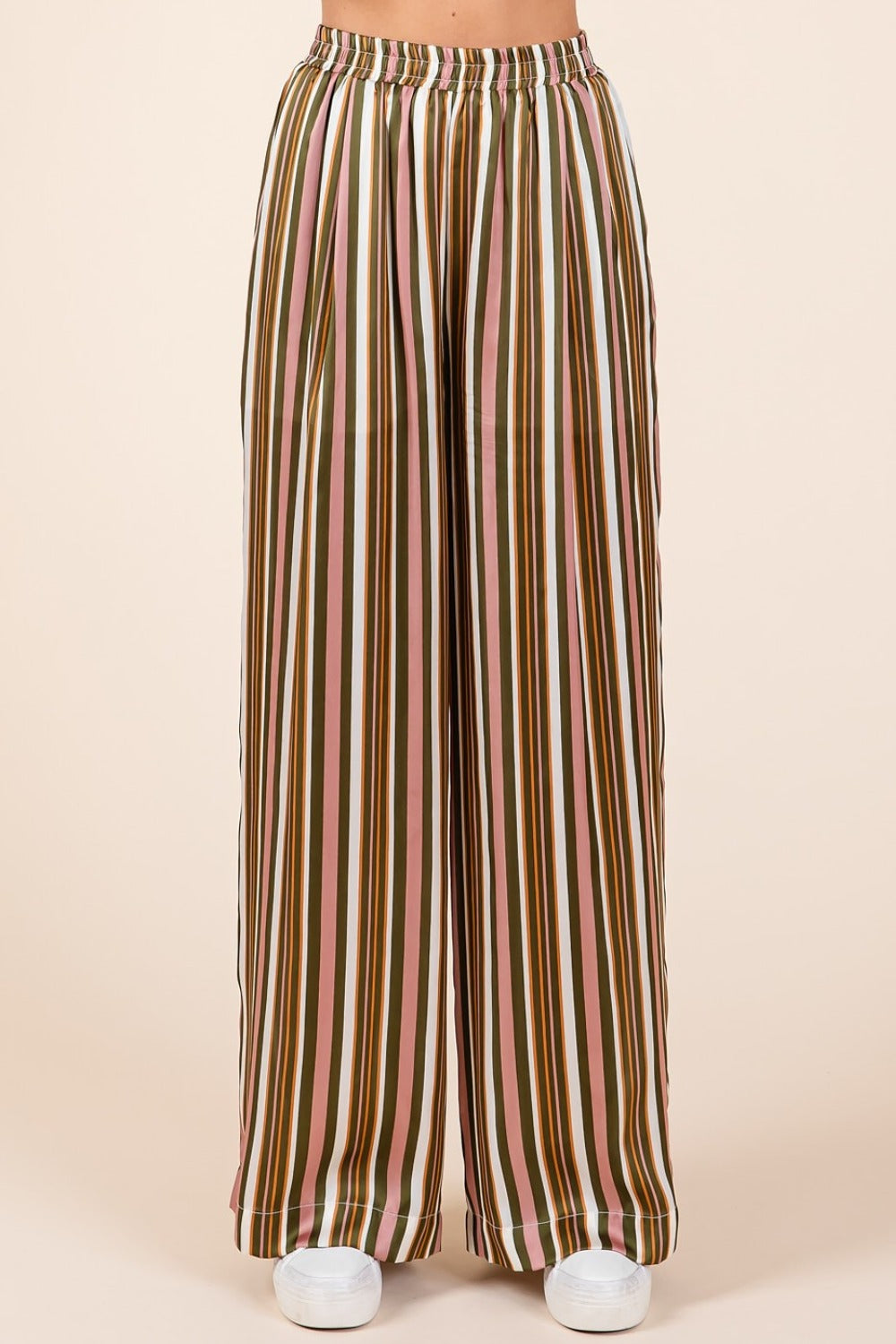 Striped satin elastic waist wide leg pants with pockets, made from 100% polyester, featuring a multicolor vertical stripe design.