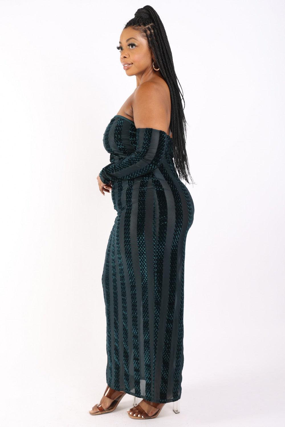 Striped Velvet Off Shoulder Dress-Hunter