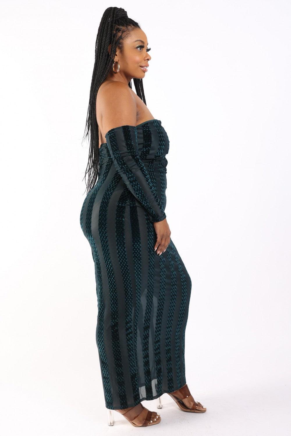 Striped Velvet Off Shoulder Dress-Hunter