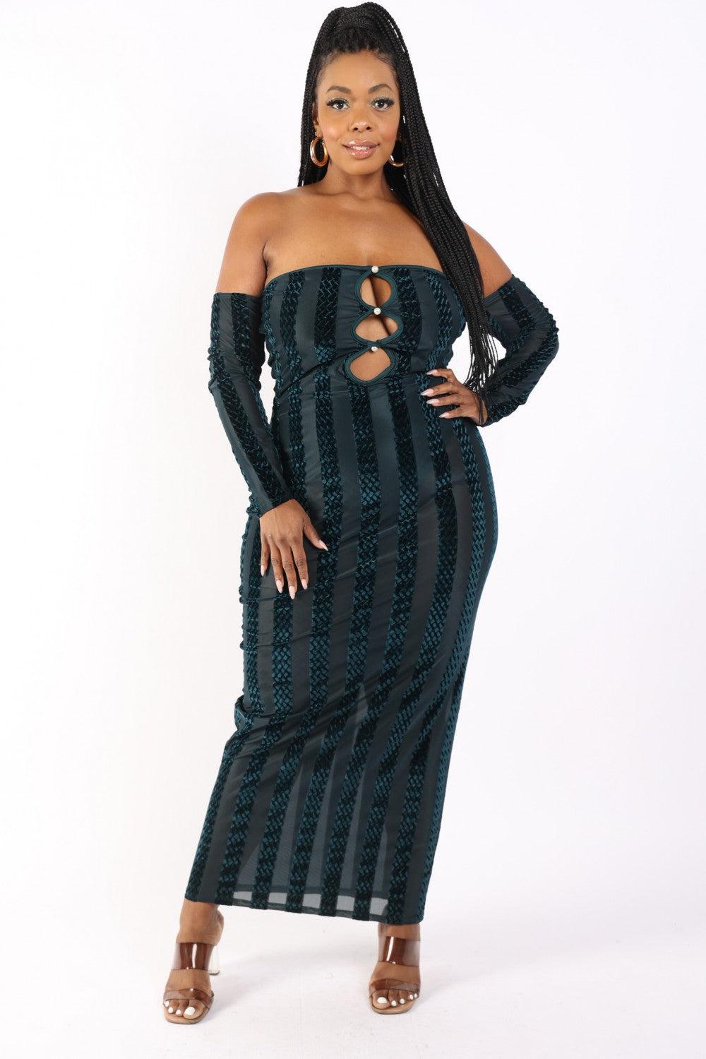 Striped Velvet Off Shoulder Dress-Hunter