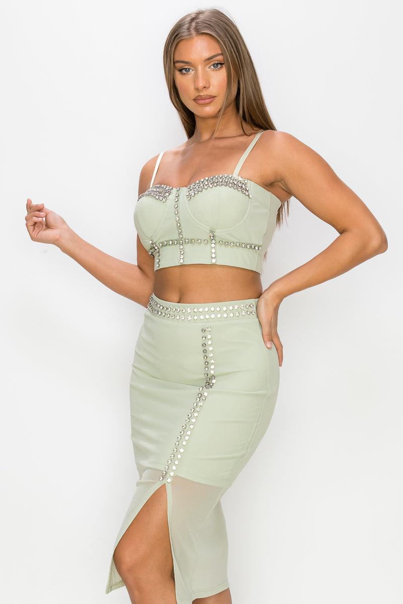 Light Sage Studded Stone Cami Top and Slit Mini Skirt Set with Sweetheart Neckline and Mesh Details