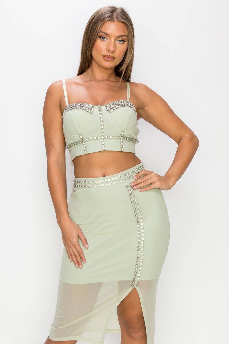 Light sage studded stone cami top and slit mesh skirt set with sweetheart neckline and adjustable straps.