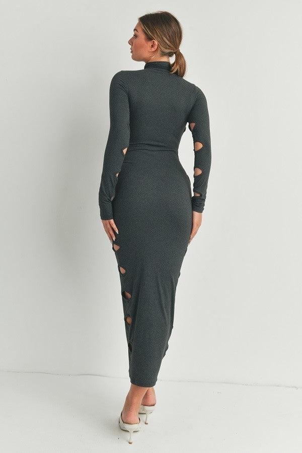 Heather charcoal maxi dress with cutout details, long sleeves, and a high neckline, made in the USA from polyester and spandex.