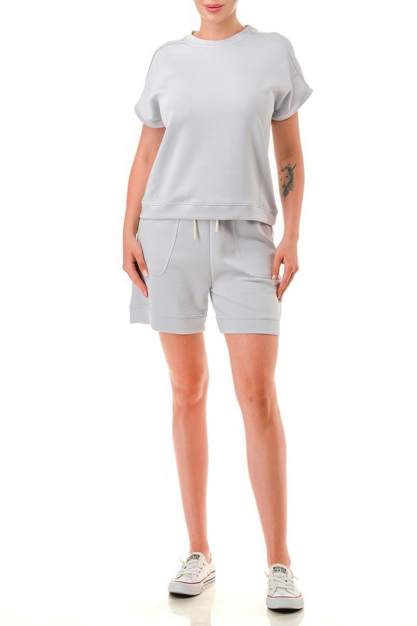 Light grey air cotton monochrome tee and shorts set, featuring a round neck, short sleeves, and casual fit for summer comfort.