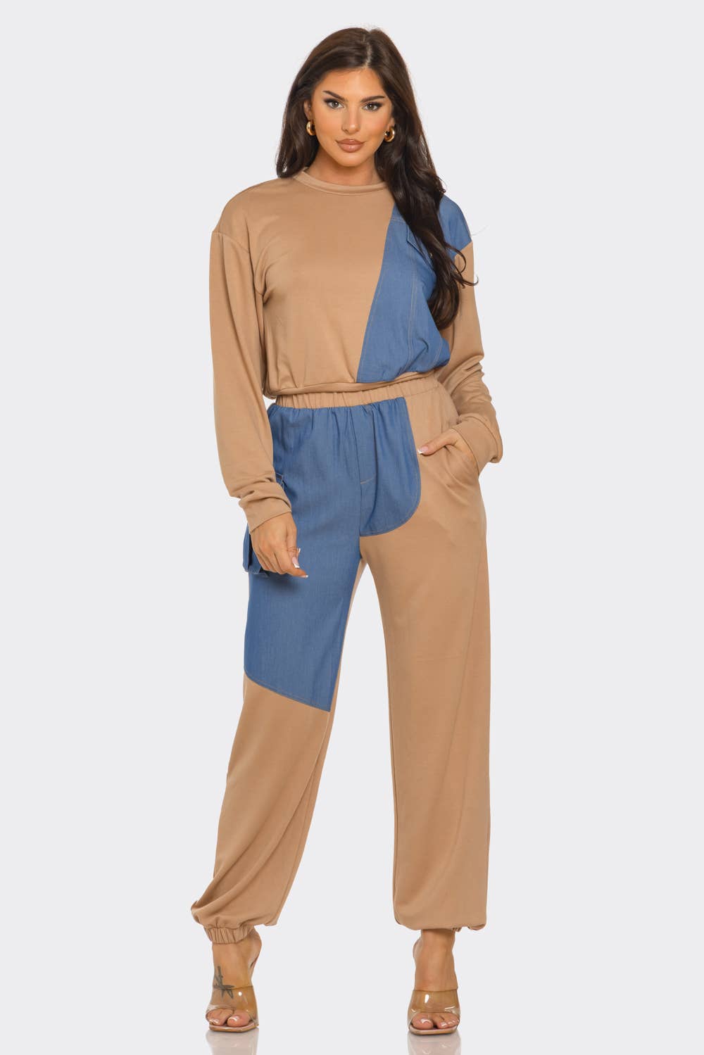 Stylish French Terry color block denim detail top with side pockets and elastic waistband pants set in beige and blue tones.