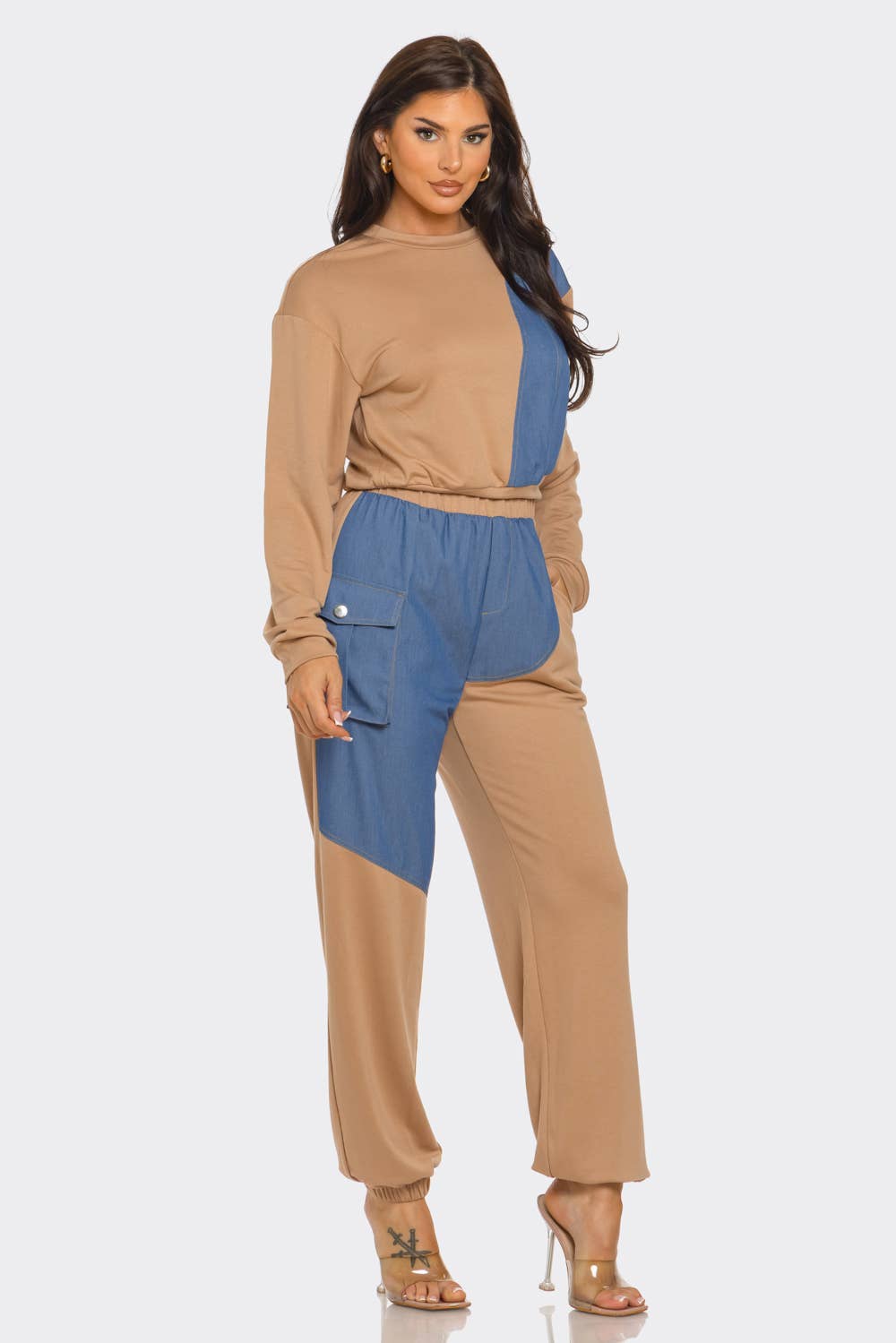 Model wearing French Terry color block denim detail top and pants set with elastic waistband and side pockets.