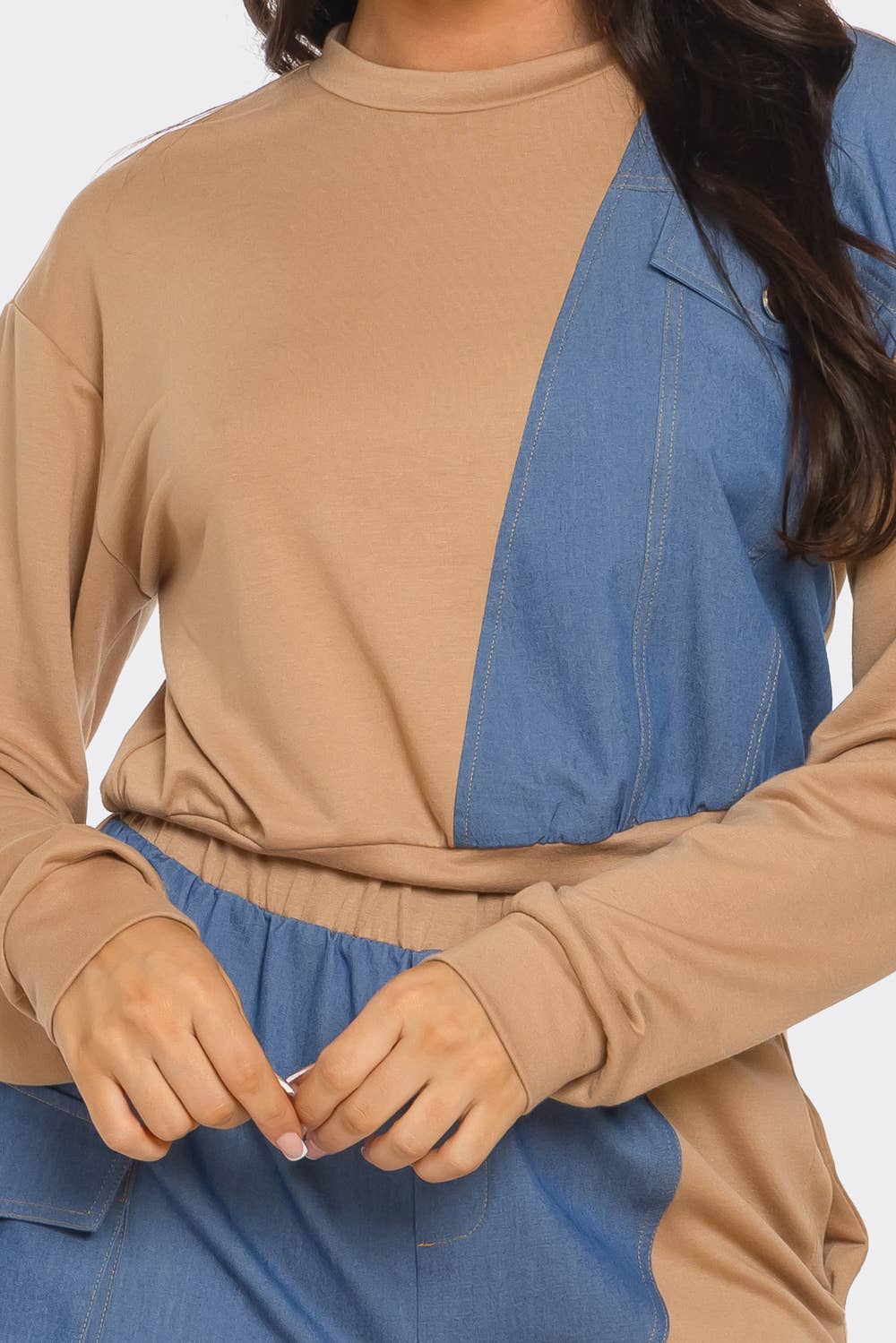 Stylish French Terry color block top with denim detail and round neck, featuring elastic waistband pants set with pockets.