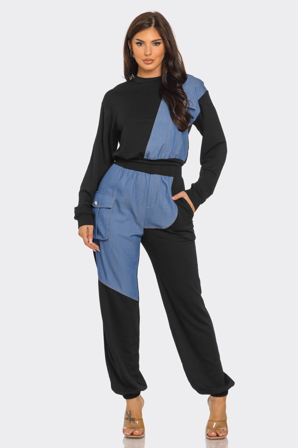 Stylish French Terry color block denim detail top and pants set with pockets, elastic waistband, and long sleeves for a trendy look.