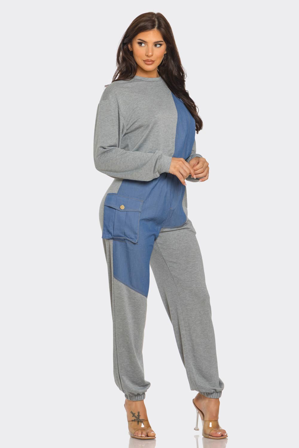 Stylish color block French Terry denim detail top and pants set with pockets, elastic waistband, and long sleeves.