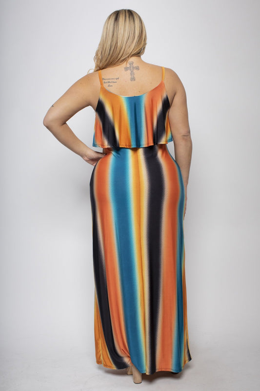 Plus size ombre stripe ruffle maxi dress in vibrant colors, featuring 95% polyester and 5% spandex, back view.