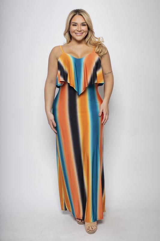 Plus size ombre stripe ruffle maxi dress in vibrant colors, featuring a flowing design with a flattering fit.