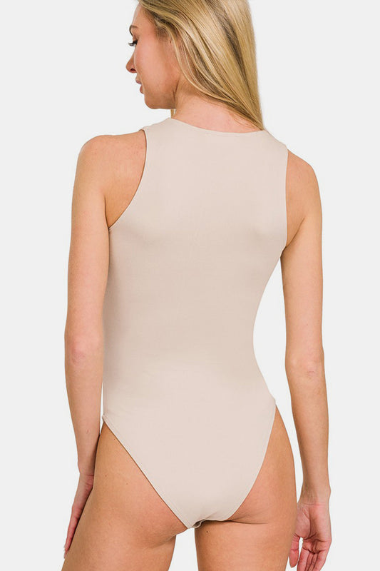 Beige round neck sleeveless padded bodysuit with moderate stretch, shown from the back on a model, perfect for versatile styling.