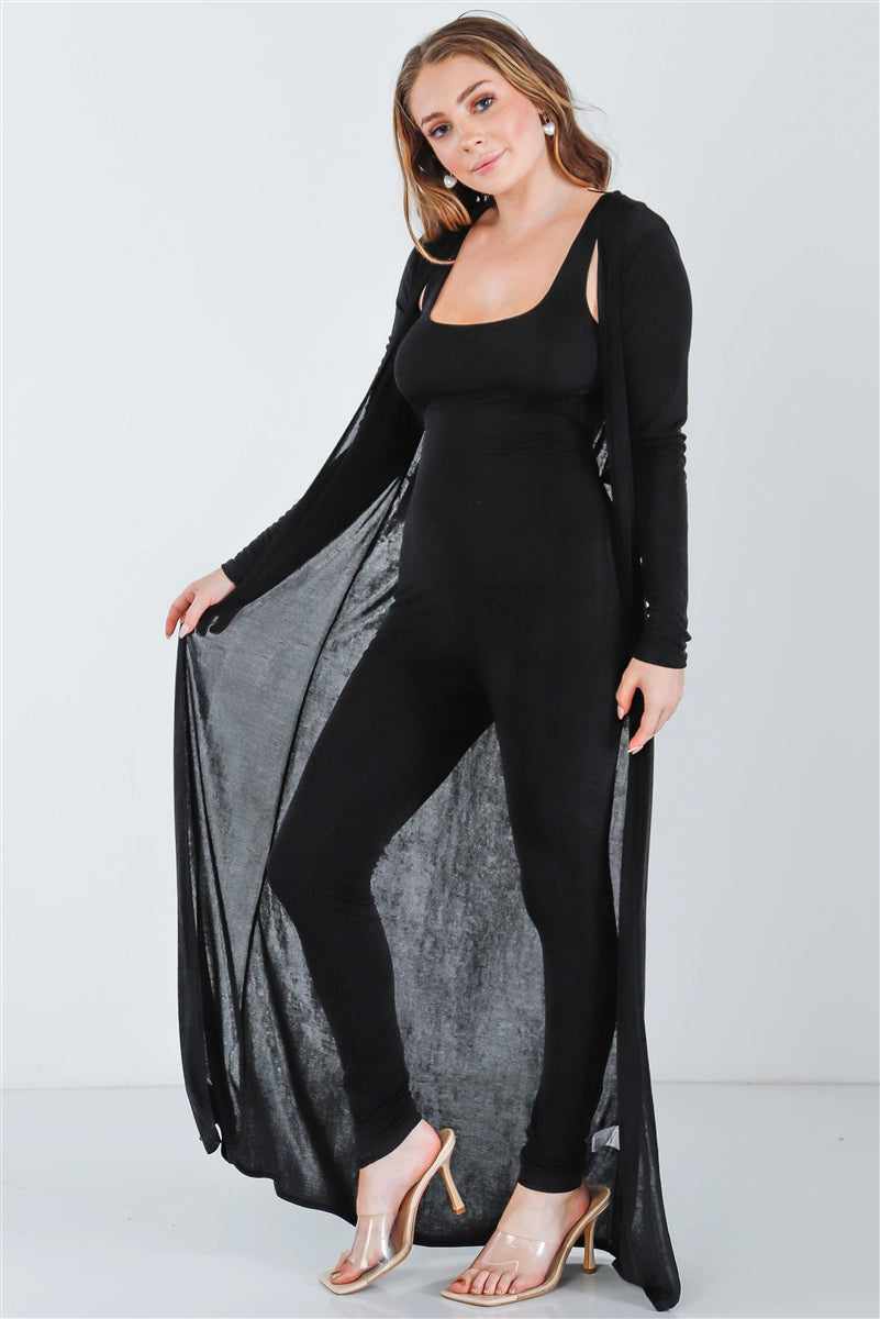 Black slim fit jumpsuit with cut-out detail and long sleeve cardigan set, featuring a square neckline and comfortable loungewear design.