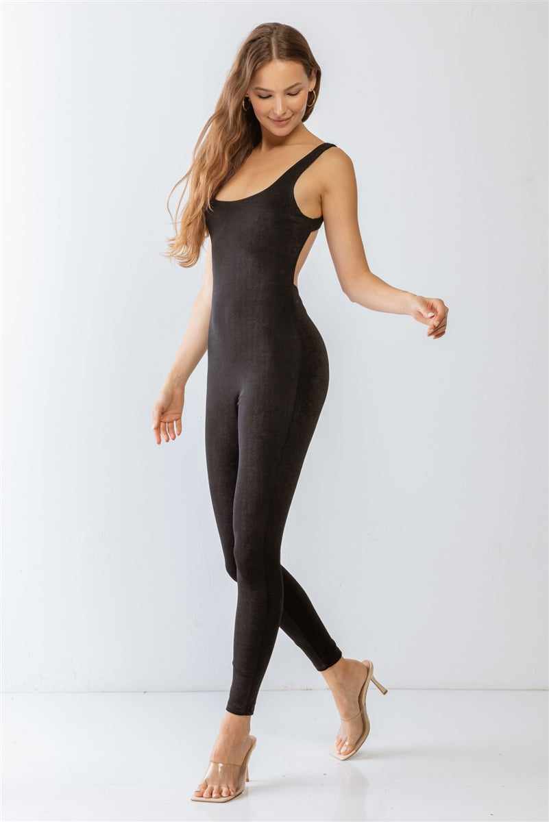 Black sleeveless slim fit jumpsuit with cut-out back detail, featuring a square neckline, perfect for casual and comfortable loungewear.